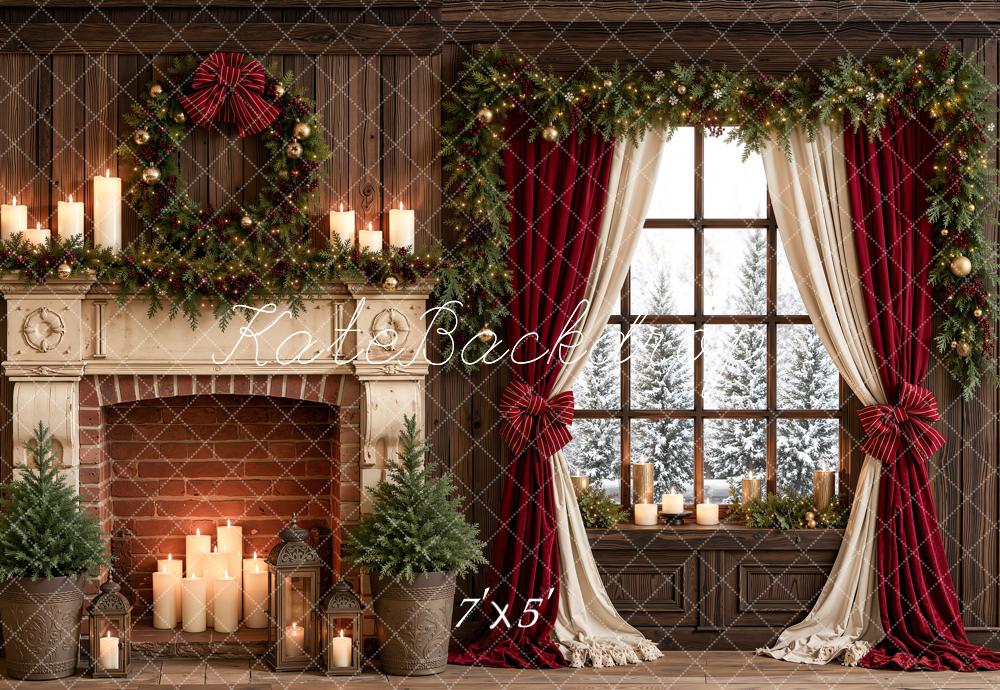 Kate Christmas Fireplace Candles Window Garland Red Curtains Printed Backdrop Designed by Emetselch