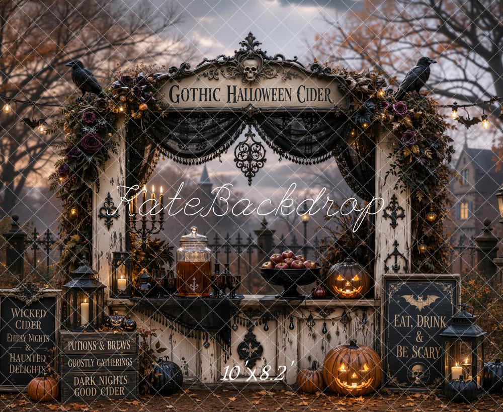 Kate Halloween Gothic Dark Cider Bar Drapery Printed Backdrop Designed by Emetselch