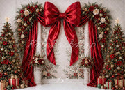Kate Christmas Red Bow Floral Arch Trees Fine Art Wall Printed Backdrop Designed by Ashley Ward