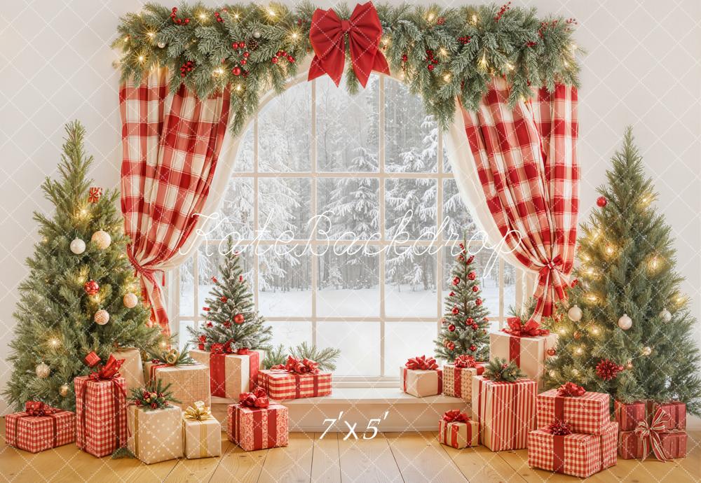 Kate Christmas Red Plaid Curtains Window Pine Trees Gift Boxes Backdrop Designed by Emetselch