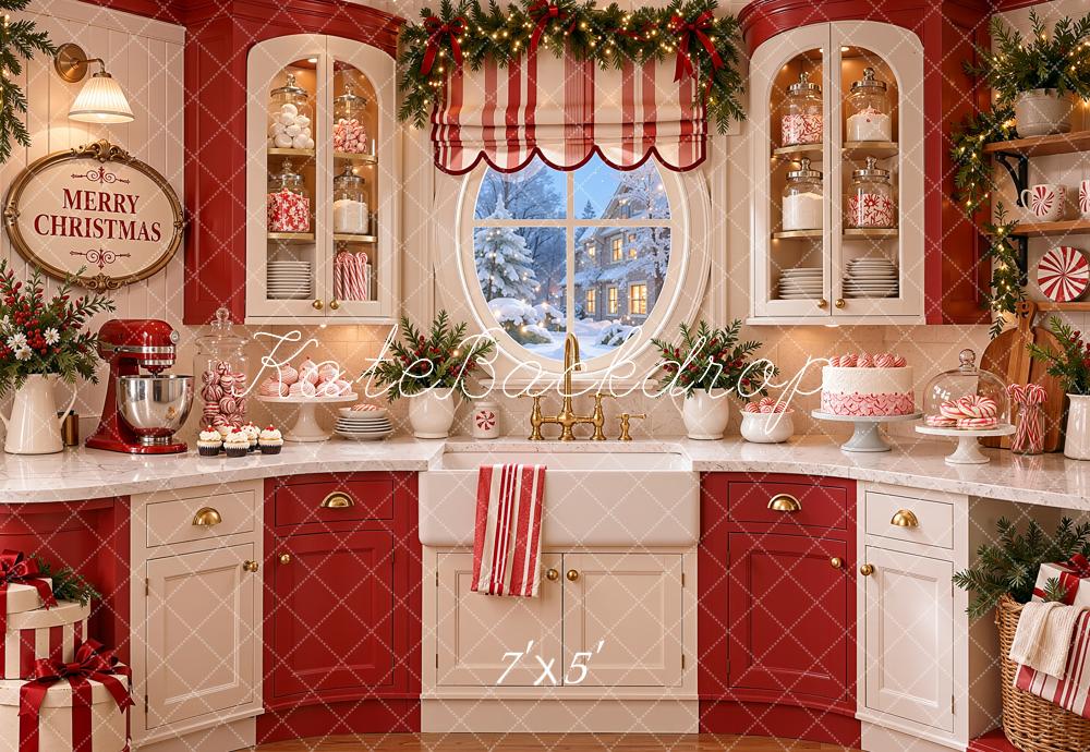 Kate Christmas Kitchen Red Candy Cane Peppermint Window Printed Backdrop Designed by Shutter Swan Studios