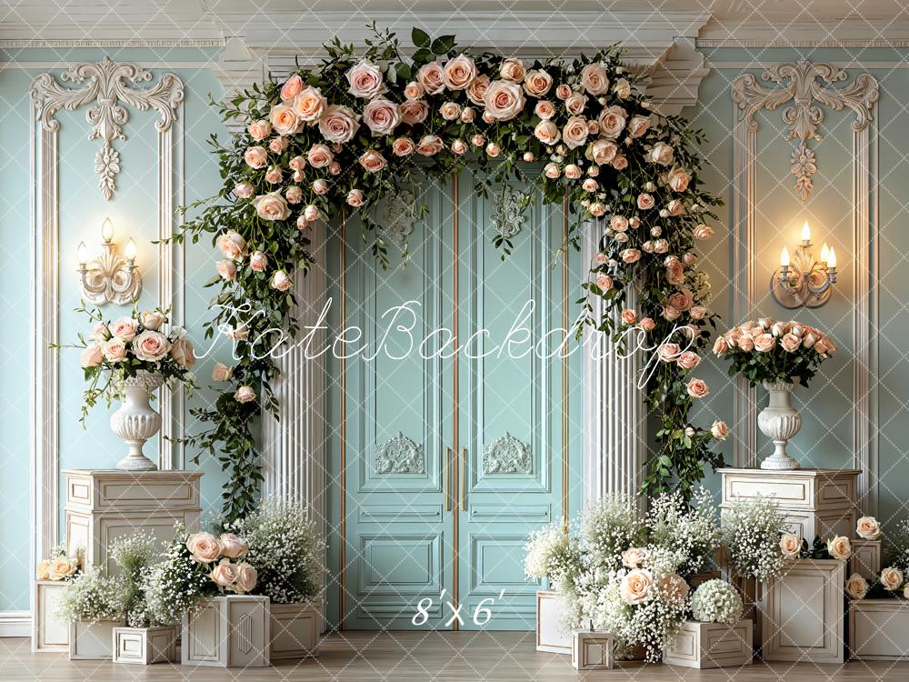 Kate Spring Flower Arch Blue Ornate Wall Printed Backdrop Designed by Mini MakeBelieve