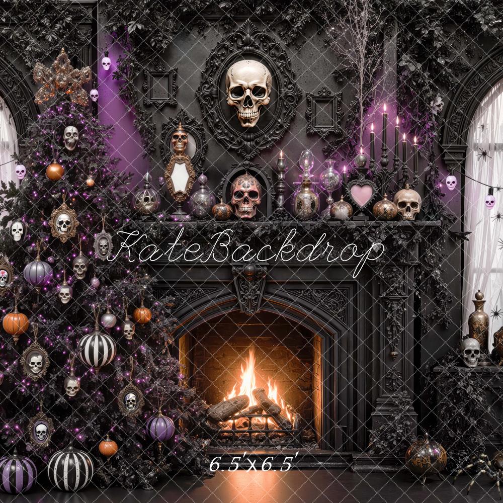 Kate Halloween Gothic Fireplace Skull Tree Black Printed Backdrop Designed by Mini MakeBelieve