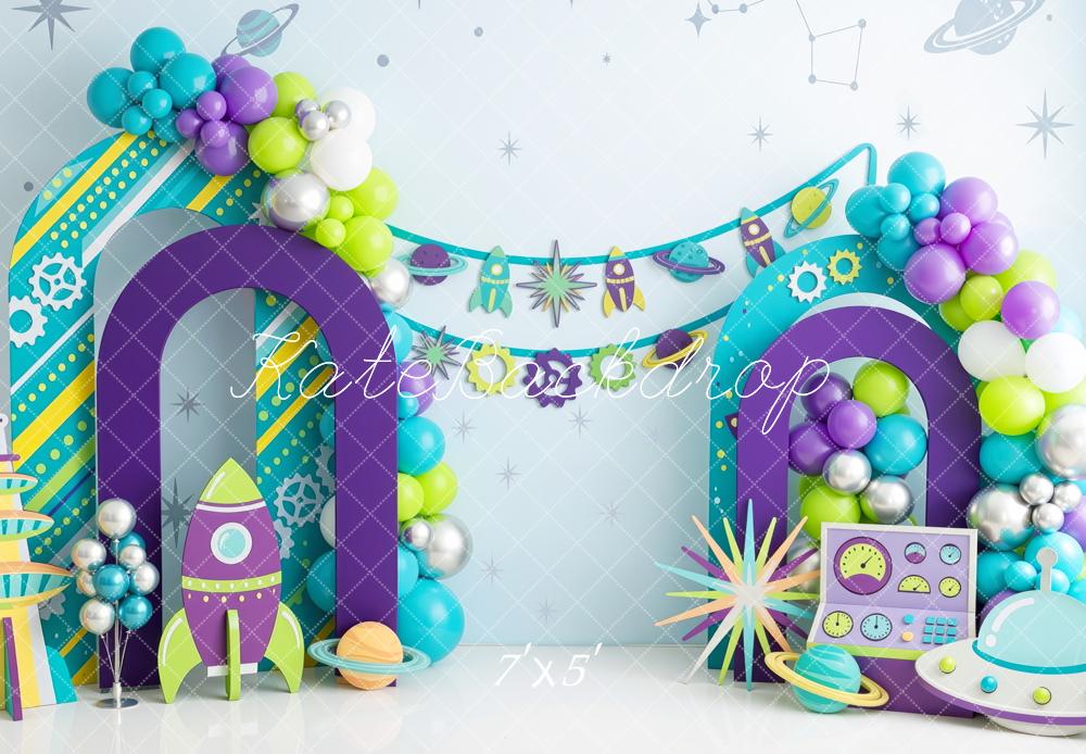 Kate Birthday Space Balloon Arch Rockets Purple Green Printed Backdrop Designed by Mini MakeBelieve