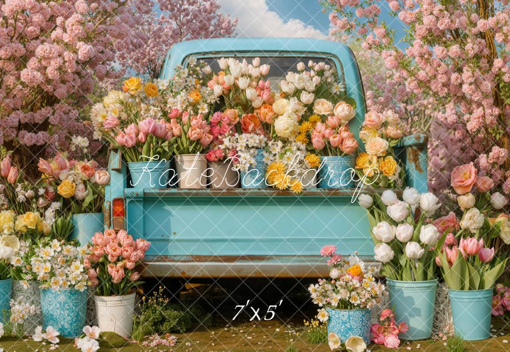 Kate Spring Blue Truck Floral Pink Blossoms Garden Backdrop Designed by Emetselch