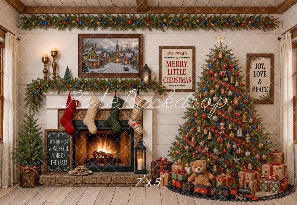 Kate Christmas Fireplace Christmas Tree Toys Train Rustic Printed Backdrop Designed by Shutter Swan Studios