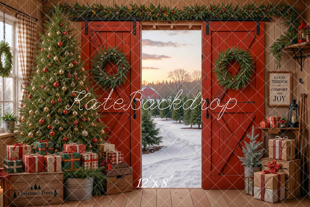 Kate Christmas Red Barn Doors Tree Wreaths Snowy Path Printed Backdrop Designed by Shutter Swan Studios