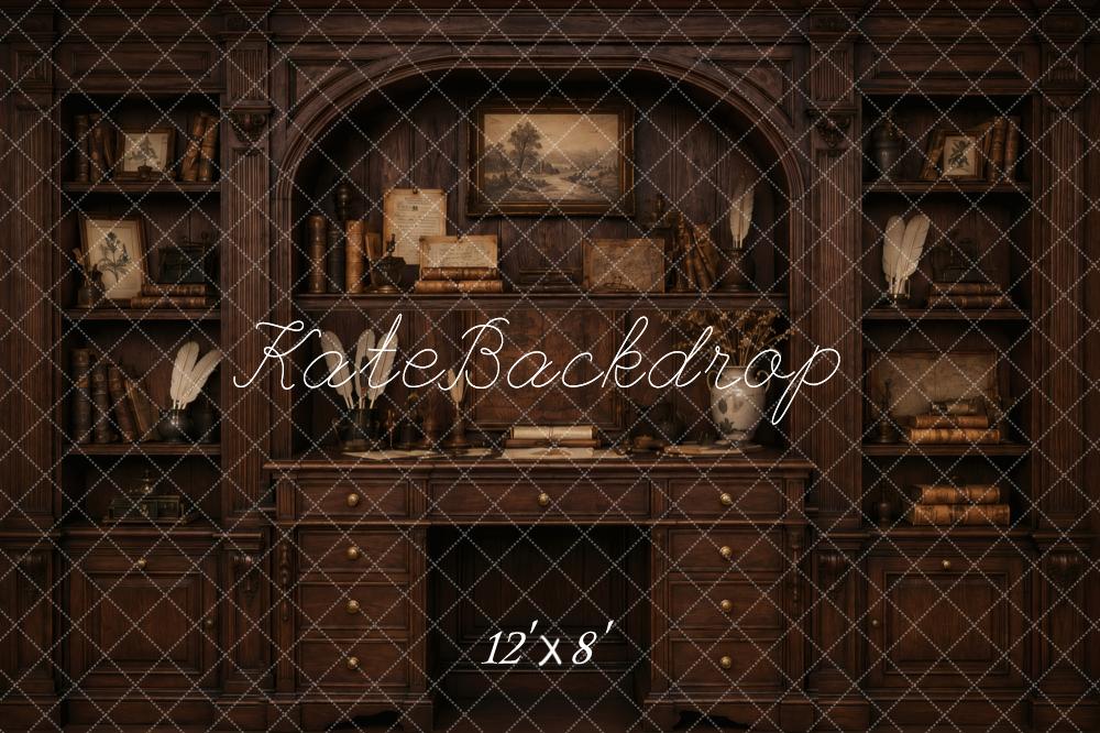Kate Vintage Dark Wood Bookshelves Desk Cabinet Printed Backdrop Designed by Vertigo Productions