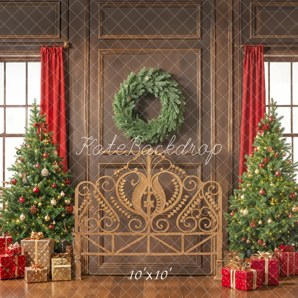 Kate Christmas Headboard Trees Wreath Gifts Red Curtains Printed Backdrop Designed by Emetselch