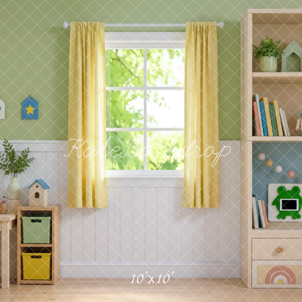 Kate Kids Toys Playroom Window Cabinet Desk Printed Backdrop Designed by Mini MakeBelieve