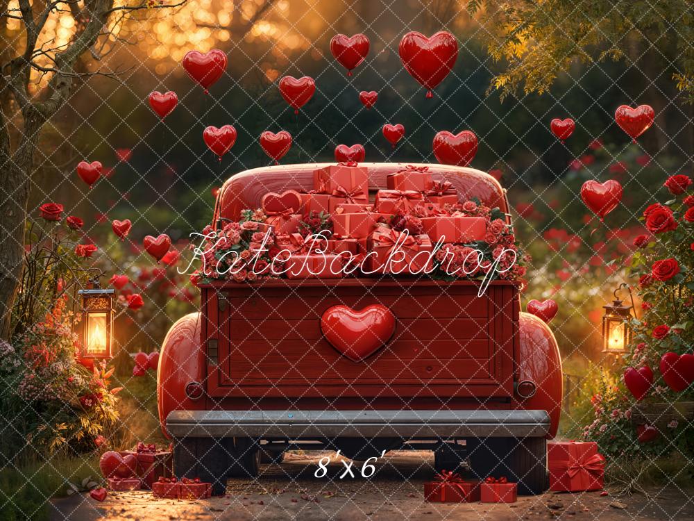 Kate Valentine's Day Red Truck Hearts Balloons Roses Gift Boxes Backdrop Designed by Emetselch