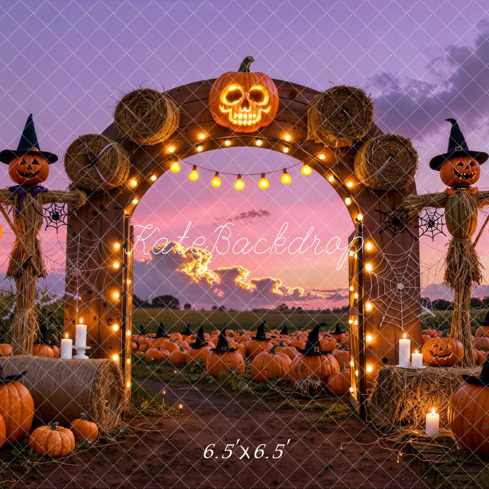Kate Halloween Pumpkin Patch Arch Scarecrow Sunset Backdrop Designed by Emetselch