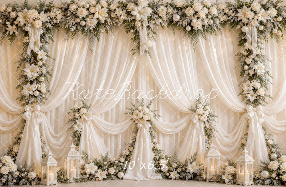 Kate Elegant Drapes Romantic White Flower Arch Lanterns Printed Backdrop Designed by Emetselch
