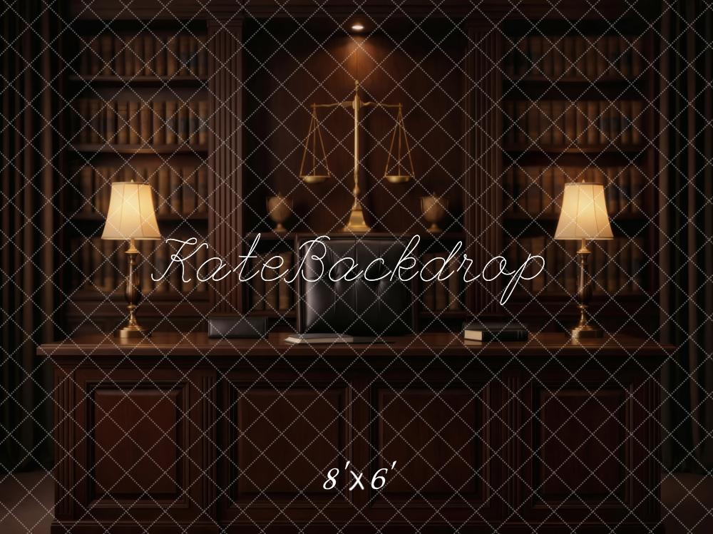 Kate Bookshelves Desk Scales of Justice Lamps Printed Backdrop Designed by Vertigo Productions