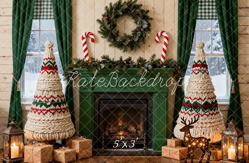 Kate Christmas Fireplace Yarn Trees Wreath Garland Presents Backdrop Designed by Emetselch