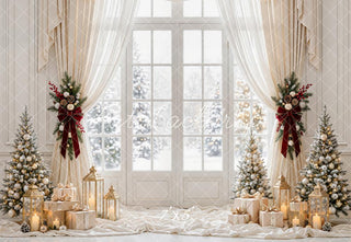 Kate Christmas White Window Curtains Christmas Trees Gift Boxes Lanterns Printed Backdrop Designed by Emetselch
