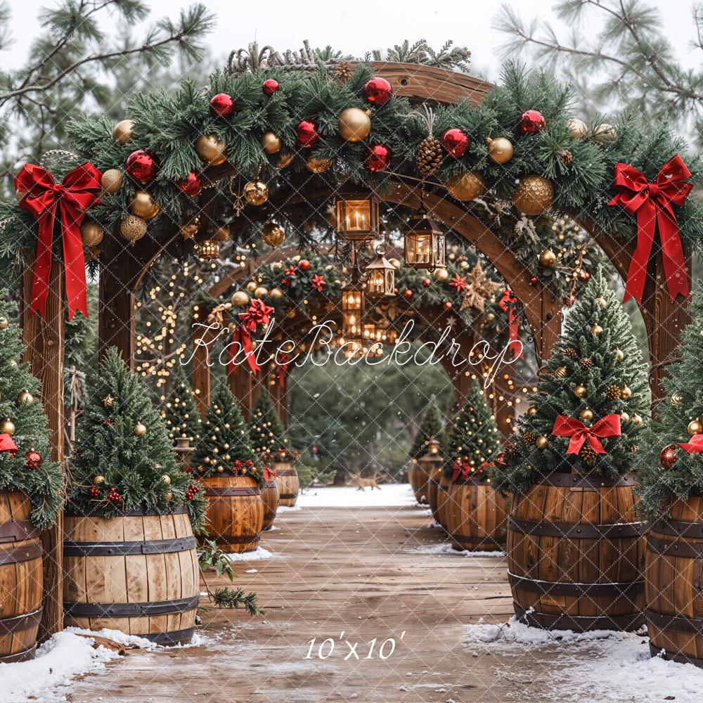 Kate Christmas Pine Arch Garland Wooden Barrels Lanterns Backdrop Designed by Emetselch