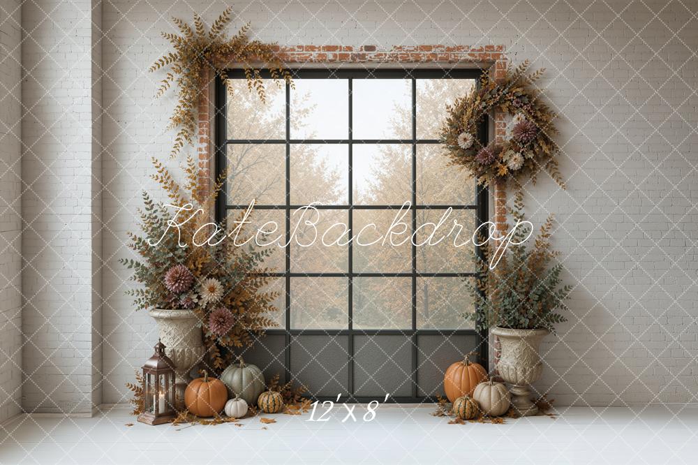 Kate Fall Cozy Window Dried Flowers Pumpkins Printed Backdrop Designed by Ashley Ward