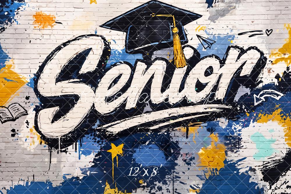 Kate Senior Graffiti Graduation Cap Blue Yellow Brick Wall Printed Backdrop Designed by Emetselch