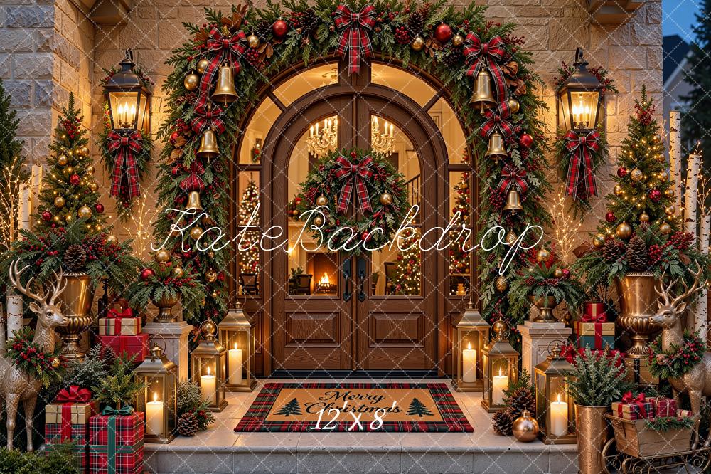 Kate Christmas Arched Doorway Garland Lanterns Brown Printed Backdrop Designed by Shutter Swan Studios