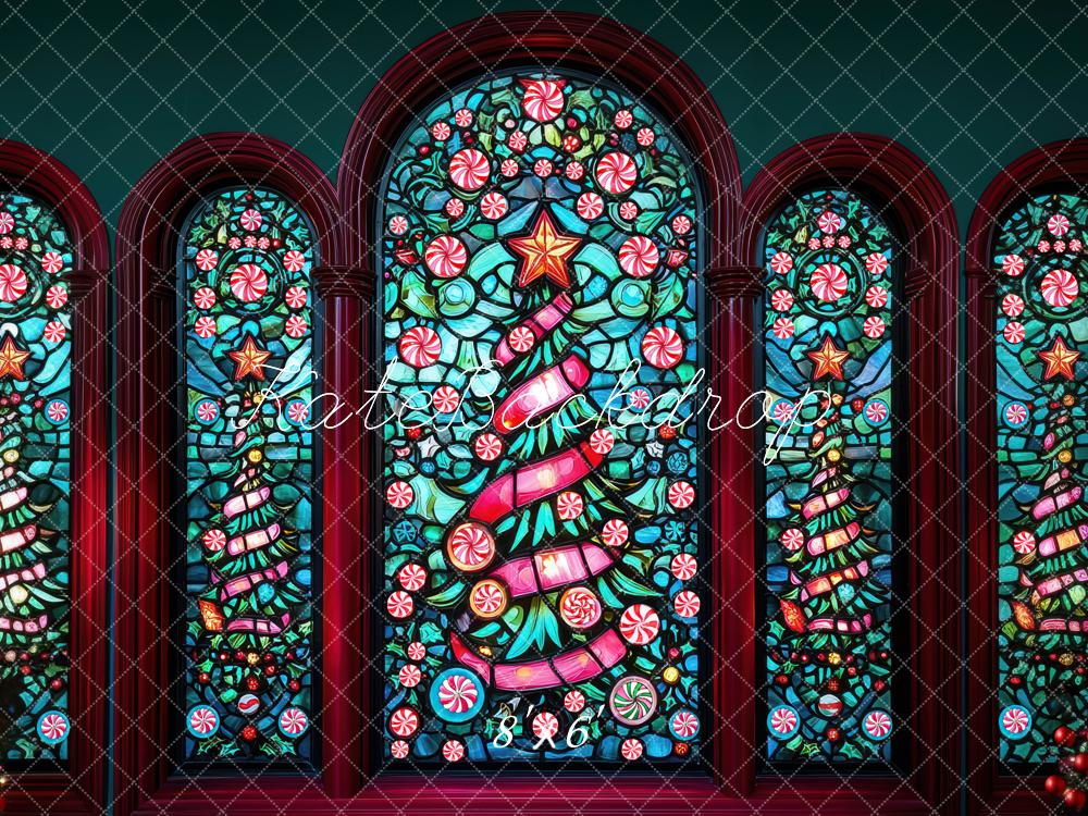 Kate Christmas Stained Glass Tree Windows Printed Backdrop Designed by