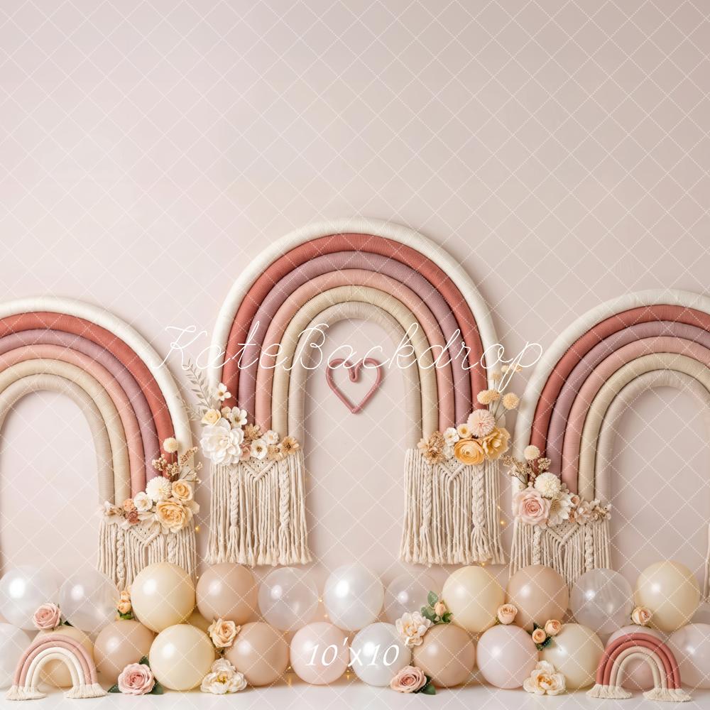 Kate Cake Smash Boho Blush Macrame Rainbow Balloons Printed Backdrop Designed by Patty Roberts