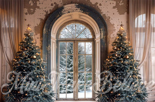 Kerst Wit Gordijn Grijs Retro Boogvenster Foto Achtergrond Ontworpen door Mini MakeBelieve
