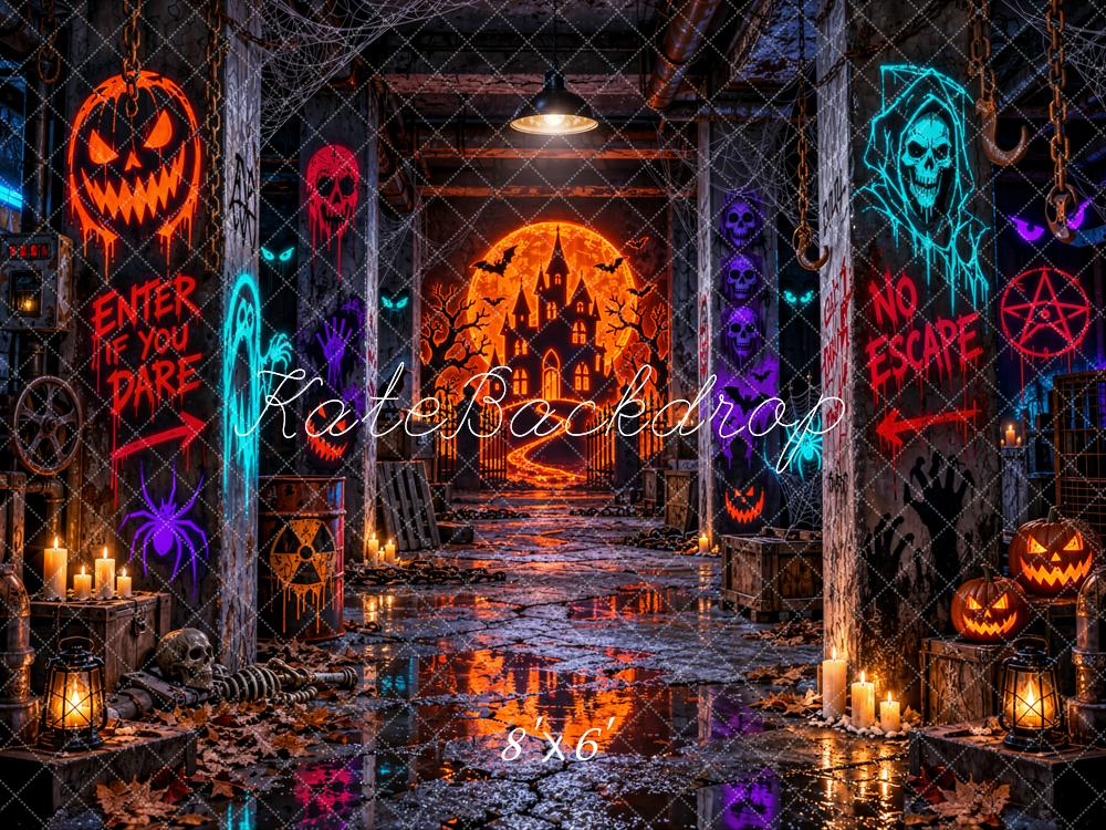 Kate Halloween Haunted Castle Hallway Pumpkins Printed Backdrop Designed by Emetselch