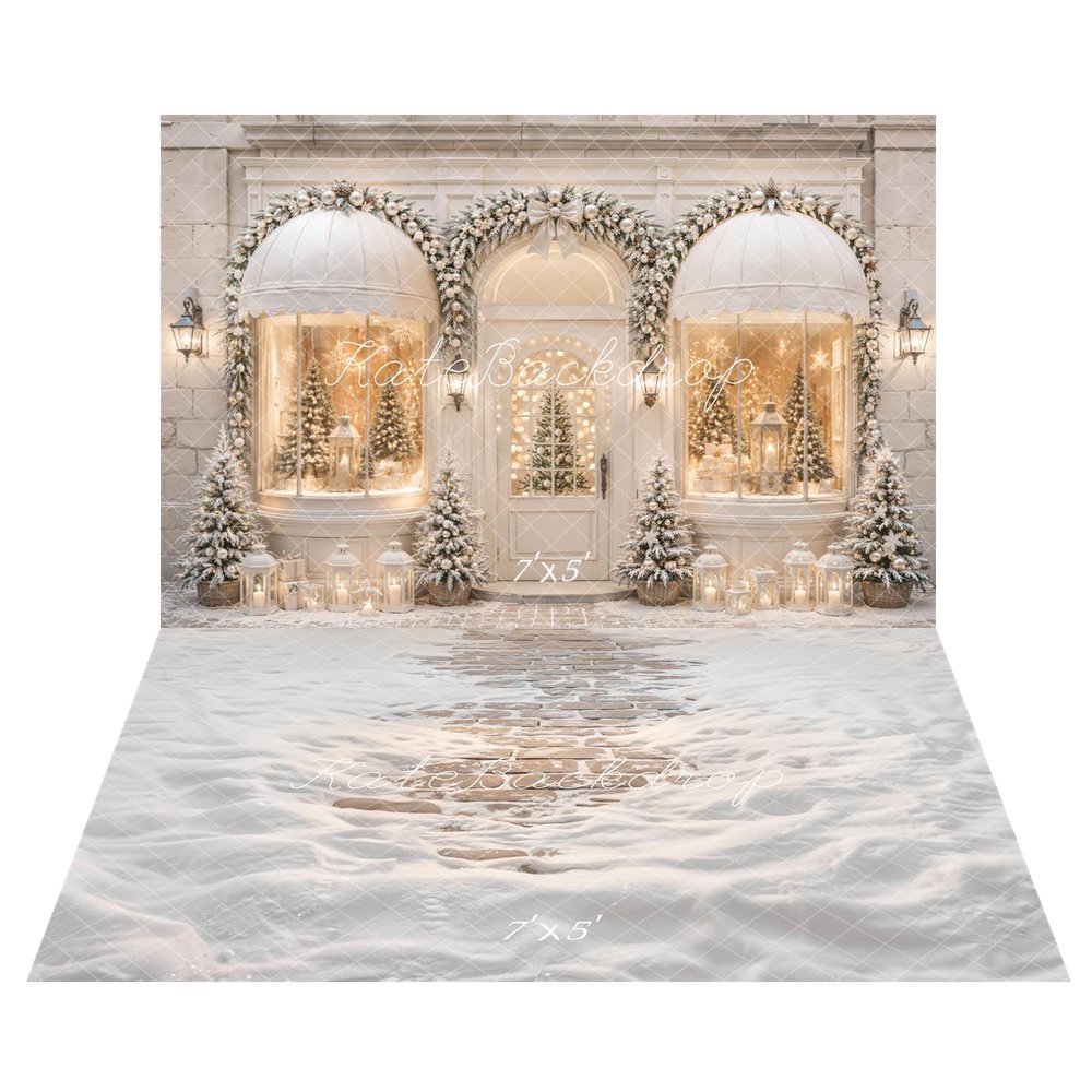 Kate Christmas Shop Arched Window Garland Snowy Trees Printed Backdrop+Winter Snow Covered Cobblestone Path Printed Backdrop