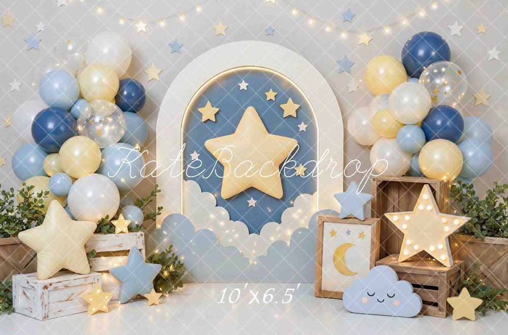 Kate Cake Smash Star Arch Balloons Clouds Blue Yellow Printed Backdrop Designed by Mini MakeBelieve