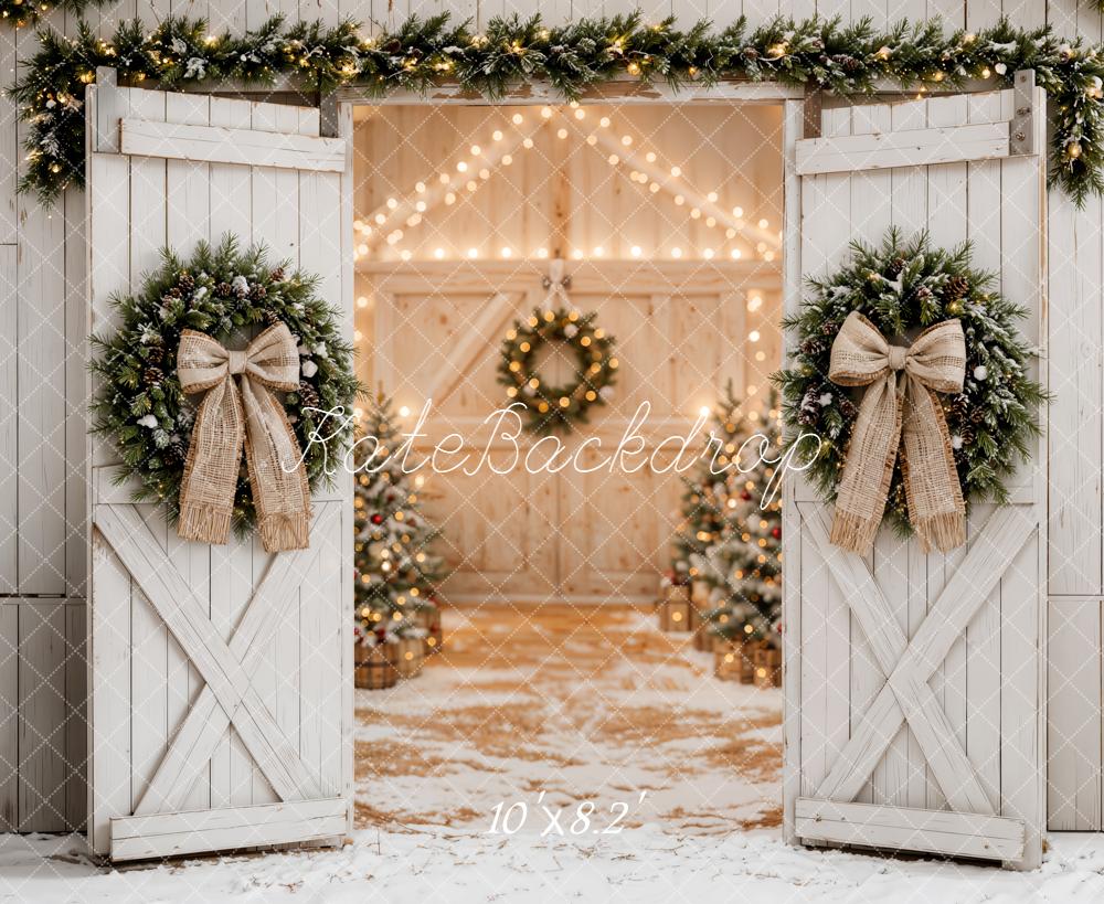 Kate Christmas White Barn Doors Wreaths Garland Bow Printed Backdrop Designed by Emetselch