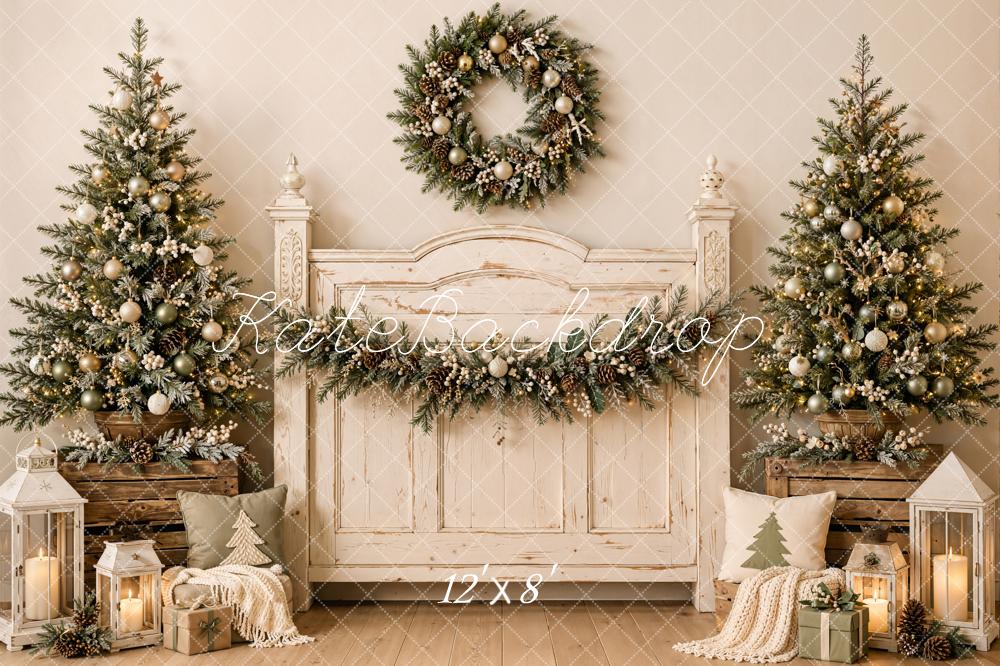 Kate Christmas Rustic Headboard Trees Wreath Lanterns Printed Backdrop Designed by Emetselch