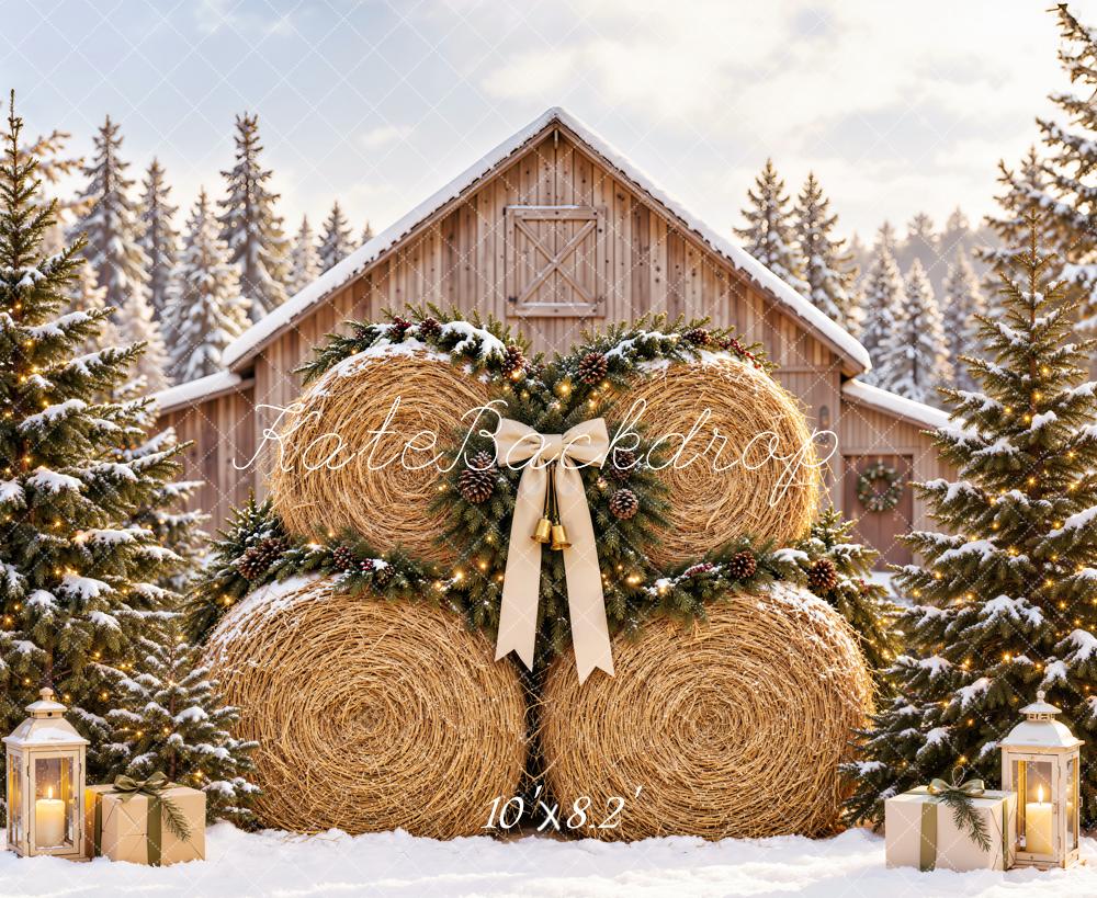 Kate Christmas Hay Bales Snowy Barn Pine Trees Bow Printed Backdrop Designed by Emetselch