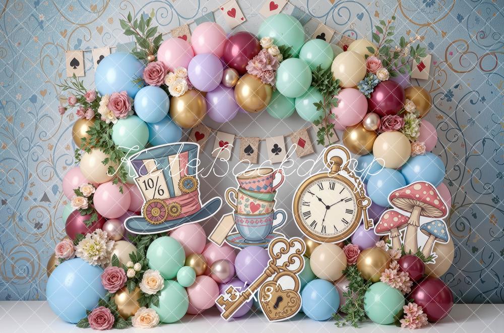 Kate Cake Smash Fantasy Wonderland Tea Party Balloons Flowers Playing Cards Printed Backdrop Designed by Mini MakeBelieve