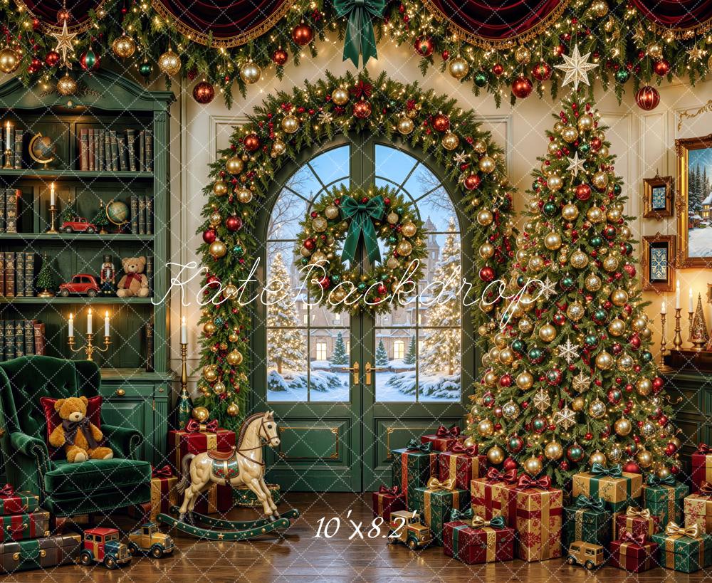 Kate Christmas Tree Green Bookcase Gifts Wreath Toys Printed Backdrop Designed by Mini MakeBelieve