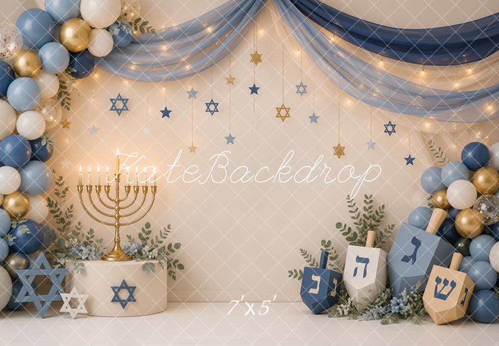 Kate Hanukkah Menorah Dreidel Star of David Balloons Drapes Printed Backdrop Designed by Ashley Ward