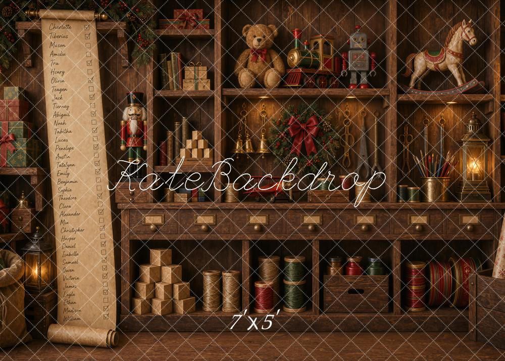 Kate Christmas Santas Workshop Toy Shelf Nutcracker Train Wreath Printed Backdrop Designed by Ashley Ward
