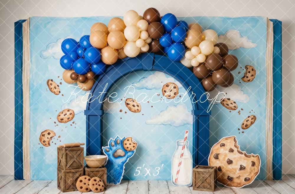 Kate Cake Smash Blue Cookie Character Milk Balloon Arch Printed Backdrop Designed by Patty Roberts