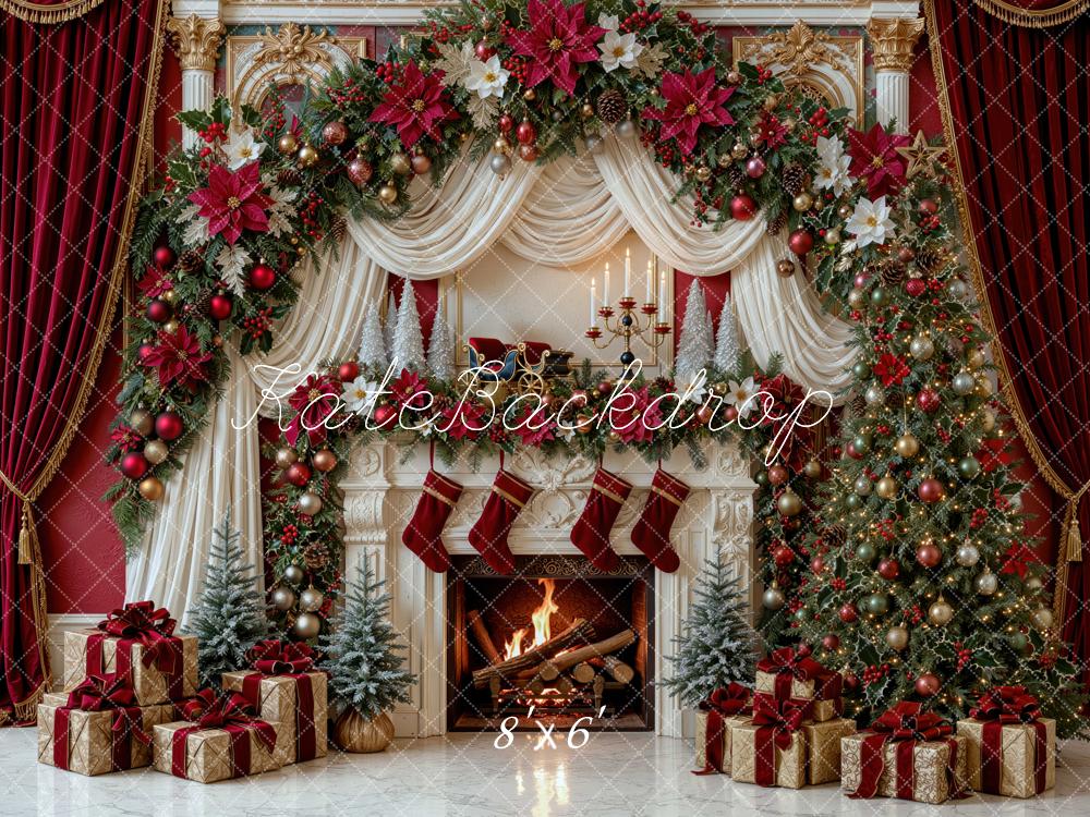 Kate Christmas Luxury Red Fireplace Garland Drapes Christmas Tree Printed Backdrop Designed by Mini MakeBelieve