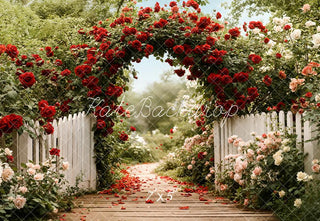 Kate Spring Flower Arch Red Rose White Fence Garden Path Printed Backdrop Designed by Emetselch