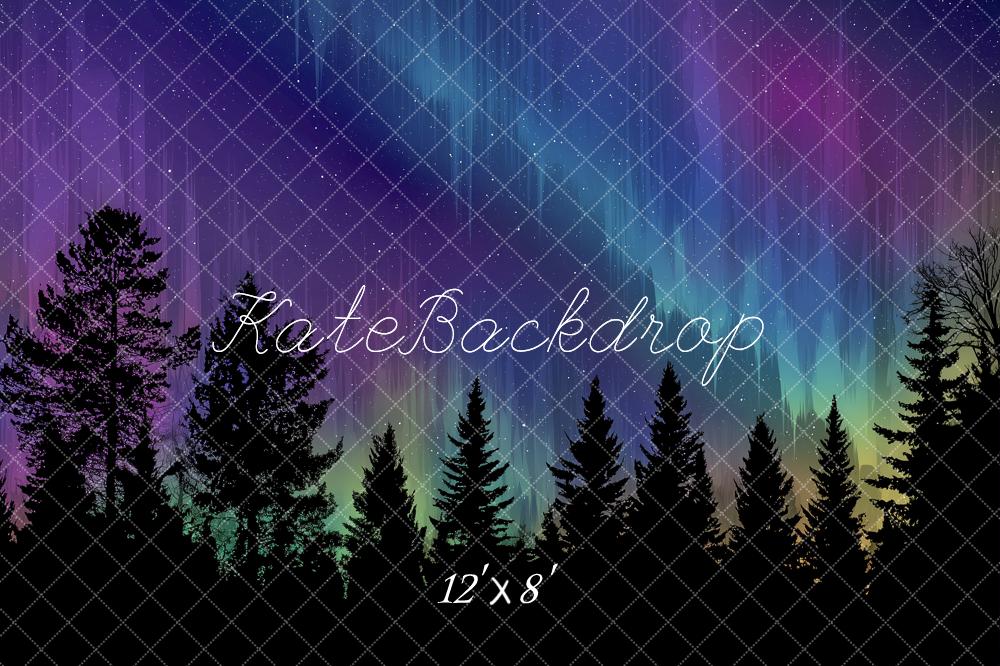 Kate Aurora Borealis Night Forest Printed Backdrop Designed by Angela Miller