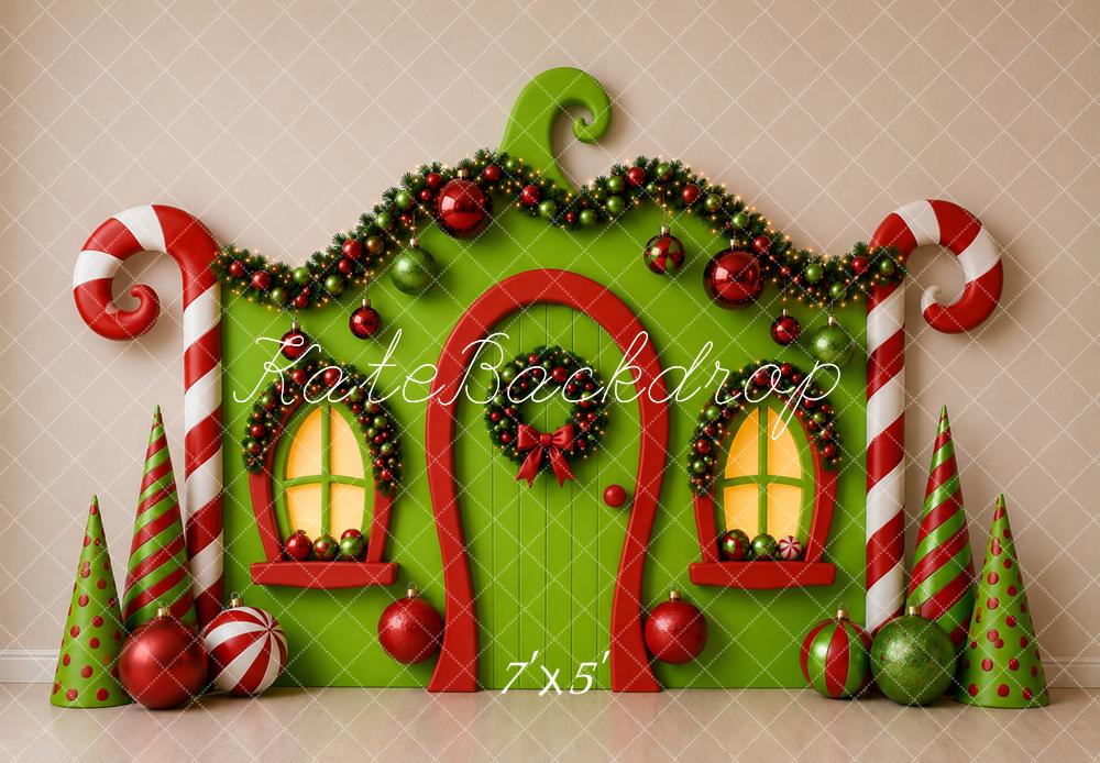 Kate Christmas Whimsical Green Elf House Candy Cane Printed Backdrop Designed by Caitlin Lynch