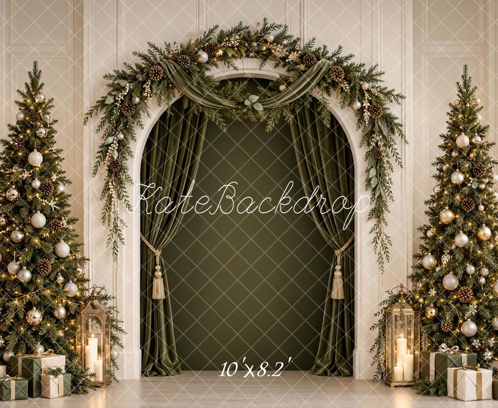 Kate Christmas Evergreen Garland Arch Twin Trees Green Printed Backdrop Designed by Emetselch