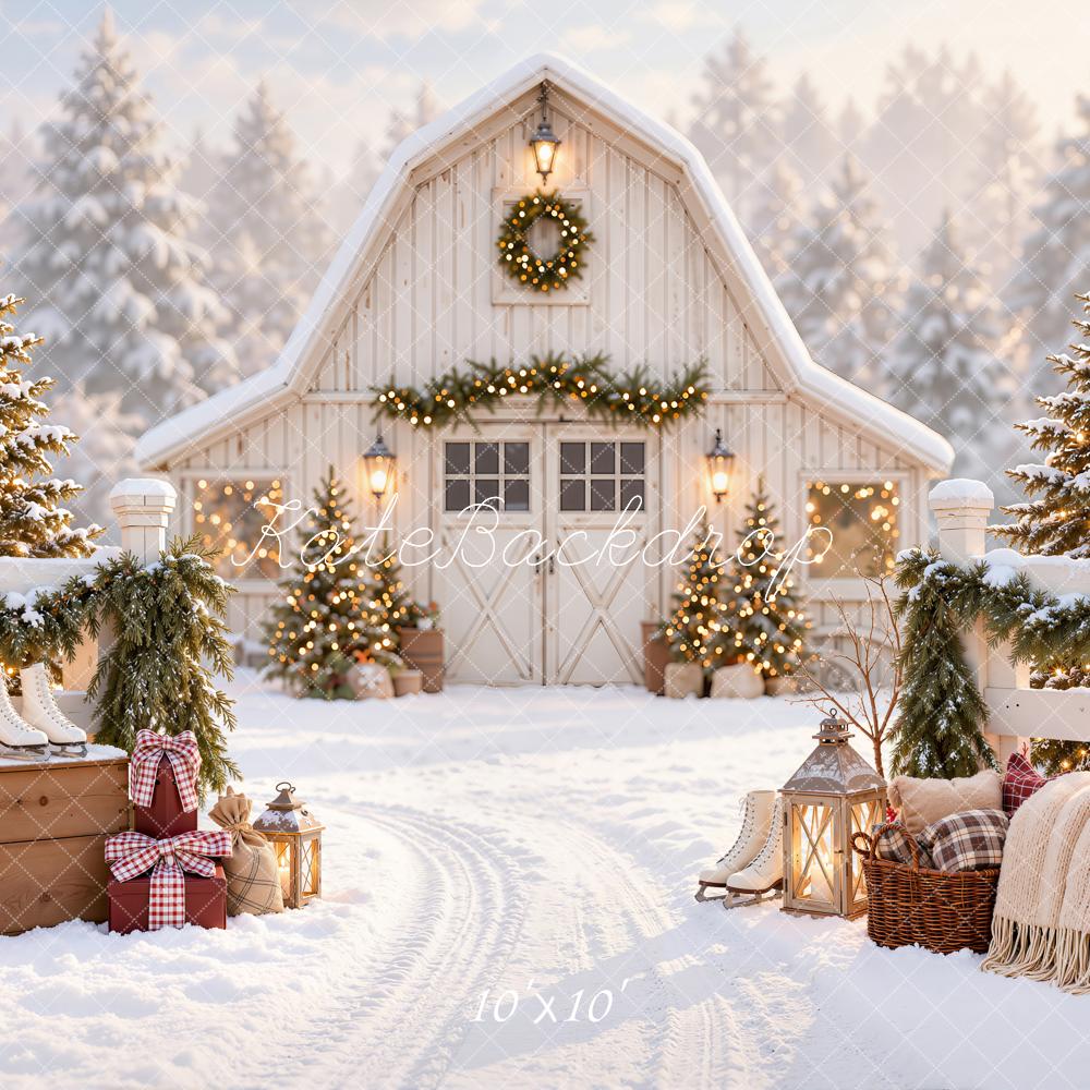 Kate Christmas Snowy White Barn Pine Trees Farmhouse Printed Backdrop Designed by Emetselch