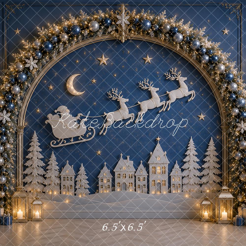 Kate Christmas Tree Blue Wall Snowy Village Sleigh Arch Printed Backdrop Designed by Caitlin Lynch