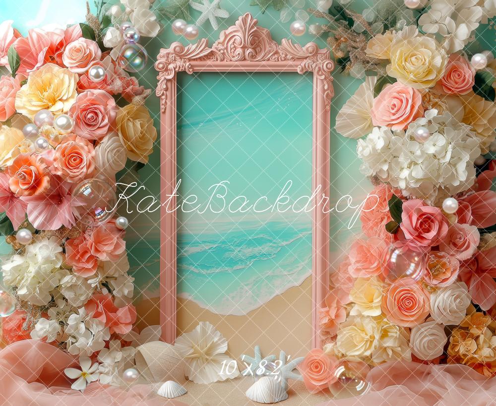 Kate Summer Floral Arch Beach Frame Pastel Flowers Backdrop Designed by Mini MakeBelieve
