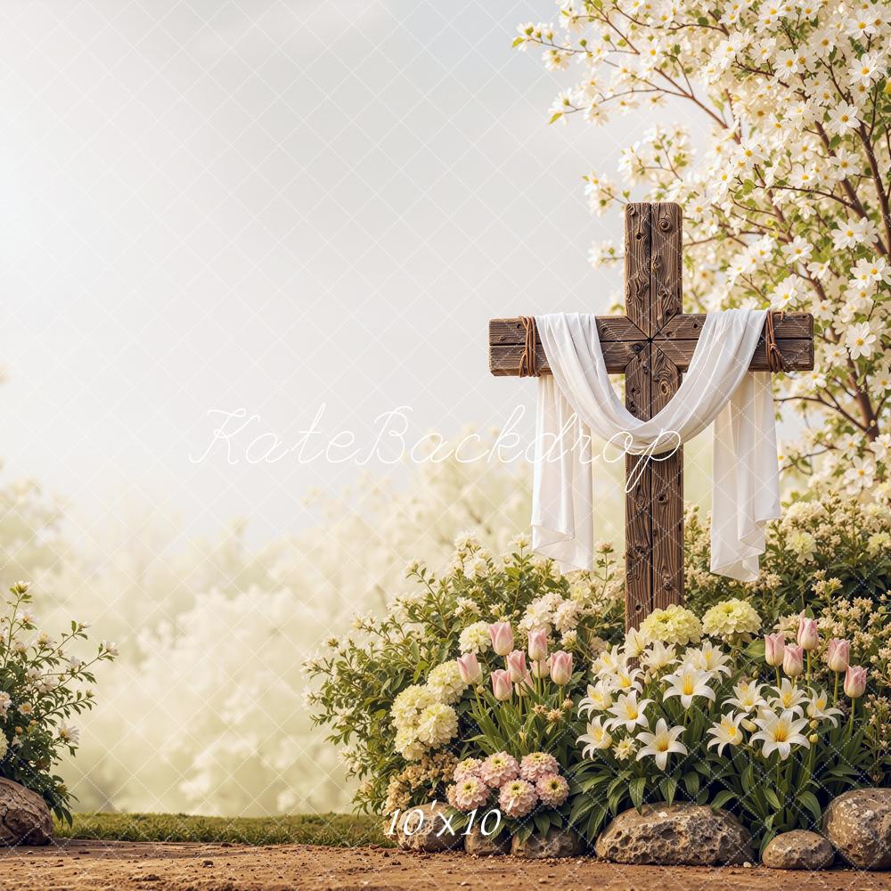 Kate Easter Cross Floral  Garden Draped Fabric Printed Backdrop Designed by Shutter Swan Studios