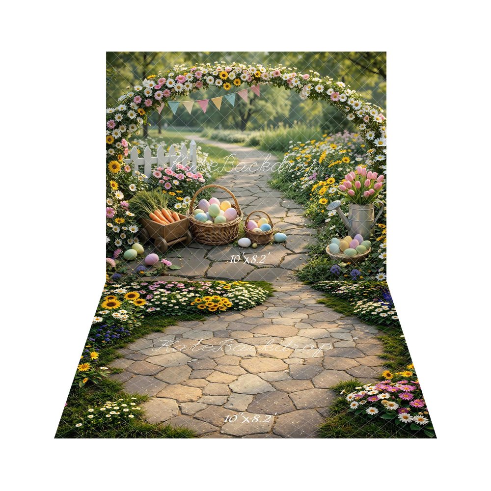 Kate Easter Bunny Flower Arch Garden Eggs Printed Backdrop+Spring Cobblestone Pathway Colorful Garden Flowers Floor Printed Backdrop