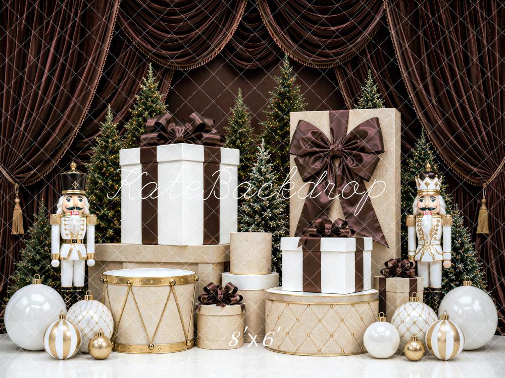 Kate Christmas Nutcracker Gift Boxes Tree Brown Curtains Printed Backdrop Designed by Mini MakeBelieve