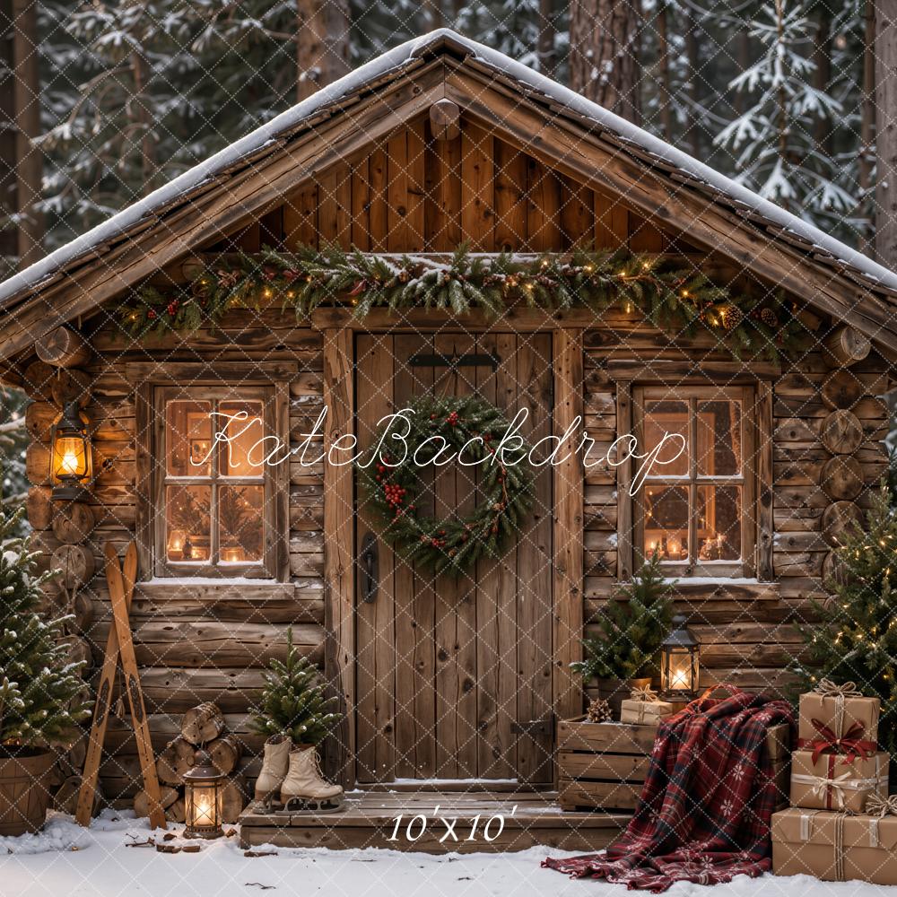 Kate Christmas Rustic Wood Cabin Snowy Plaid Blanket Forest Printed Backdrop Designed by Emetselch